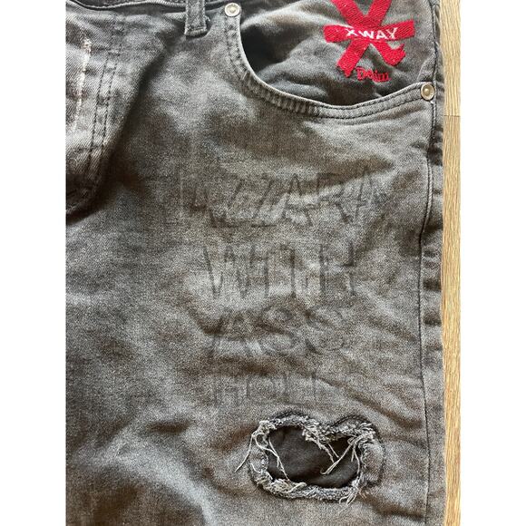 XWAY Dark Gray Skinny Jeans Skull Embroidered We Love What We Do Size 36x29 - Picture 2 of 8